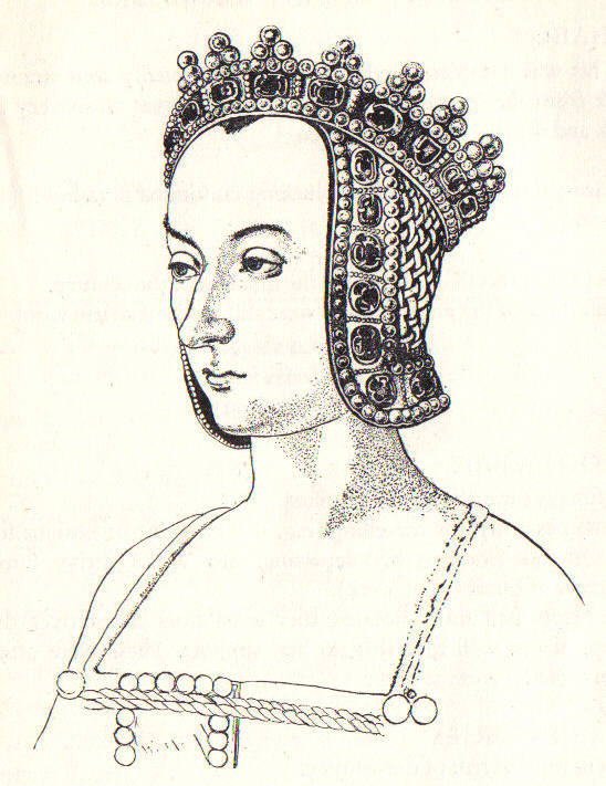 Line drawing of Princess Anne wearing her Jewelled Coif, from an image in a book at Bristol University