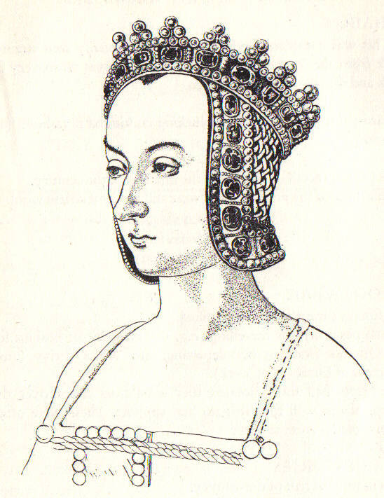 Line drawing of Princess Anne wearing her Jewelled Coif, from an image in a book at Bristol University Line drawing of Princess Anne wearing her Jewelled Coif, from an image in a book at Bristol University