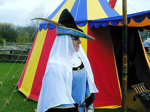C14th Italian Hunting Hat in Light and Dark Blue Velvet with Wimple and Veil C14th Italian Hunting Hat in Light and Dark Blue Velvet with Wimple and Veil