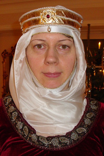 Metallic Gold Diadem with Red Jewels and Synthetic Pearls