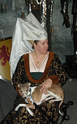 'Old Gold' Silk Elizabeth Woodville Hennin with Goldwork and at intersections encrusted with Freshwater Pearls to resemble Flowers