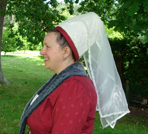 Cream Brocade and Red Truncated Hennin, with Veil