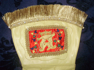 Detail of Crowned 'A' Embroidered Gloves with Silkwork and Pearls Detail of Crowned 'A' Embroidered Gloves with Silkwork and Pearls