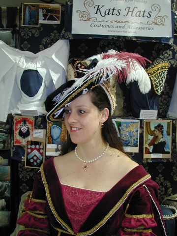 Black Velvet German Style Halo Bonnet with White and Burgundy Feathers