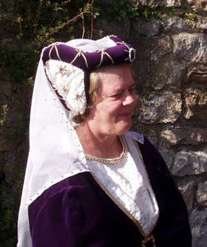 Purple Velvet and White Brocade (Flecked with Gold) Heart Shaped Hennin, with Purple Jewels and White and Gold Pearls Purple Velvet and White Brocade (Flecked with Gold) Heart Shaped Hennin, with Purple Jewels and White and Gold Pearls