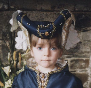 Blue Dupion Silk Heart Shaped Hennin, trimmed in Gold with Cream Moiré Leaves Blue Dupion Silk Heart Shaped Hennin, trimmed in Gold with Cream Moiré Leaves