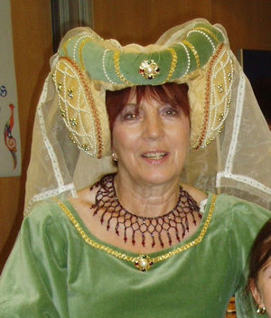 Pale Green Velvet and Gold Brocade Heart Shaped Hennin, with Peridot Jewels and Pearls Pale Green Velvet and Gold Brocade Heart Shaped Hennin, with Peridot Jewels and Pearls