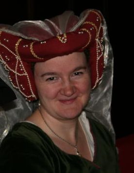 Burgundy Linen Heart Shaped Hennin with Pearls and Gold Braid Burgundy Linen Heart Shaped Hennin with Pearls and Gold Braid