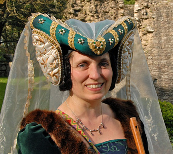 Green Silk and White and Gold Embroidered Silk Heart Shaped Hennin with Gold content beads, Gold Content Spangles and Green Swarovski Crystals (Photographed by Brian Skilton with kind permission) Green Silk and White and Gold Embroidered Silk Heart Shaped Hennin with Gold content beads, Gold Content Spangles and Green Swarovski Crystals (Photographed by Brian Skilton with kind permission)
