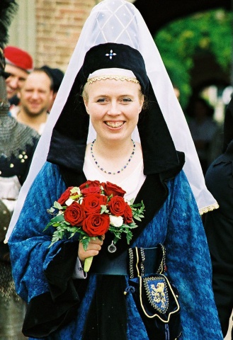 Dark Blue Velvet Hennin with Gold Frett, Blue Jewels with a Black Velvet Frontlet and Veil. Made for a Wedding Dark Blue Velvet Hennin with Gold Frett, Blue Jewels with a Black Velvet Frontlet and Veil. Made for a Wedding