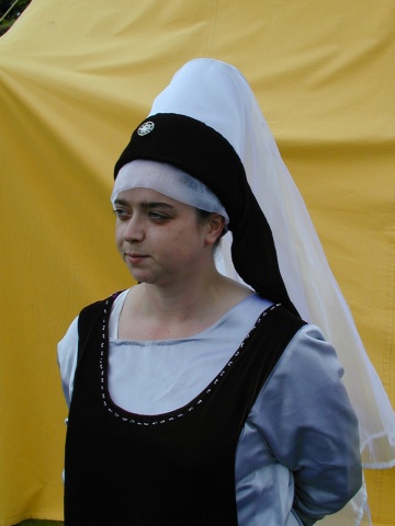 Grey Silk Truncated Hennin with Frontlet and Veil, edged in Silver Chipped Seed Pearls Grey Silk Truncated Hennin with Frontlet and Veil, edged in Silver Chipped Seed Pearls