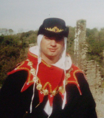 Red Velvet Hood and Liripipe with pointed daggs trimmed with Gold braid, Synthetic Jewels and Synthetic pearls