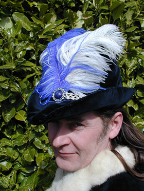 C14th Midnight Blue Velvet Cap, trimmed with Silver Braid and Feathers 