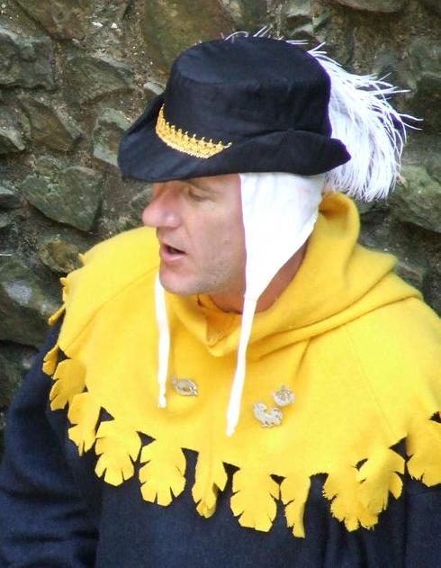 C14th Black Raw Silk Cap, trimmed with Gold and a White Ostrich Feather C14th Black Raw Silk Cap, trimmed with Gold and a White Ostrich Feather