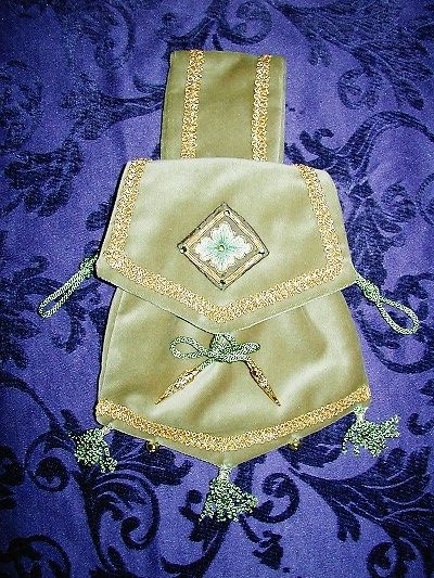Sage green velvet pouch with silk shading and goldwork reproduced from a design from the back of pair of gloves worn by Edward I, Westminster Abbey