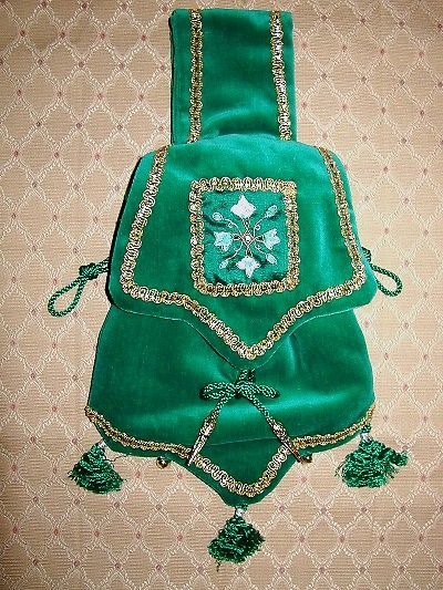 Turqoise velvet pouch embroidered with goldwork and silk shading reproduced from a Spanish design from an embroidered sleeve Turqoise velvet pouch embroidered with goldwork and silk shading reproduced from a Spanish design from an embroidered sleeve