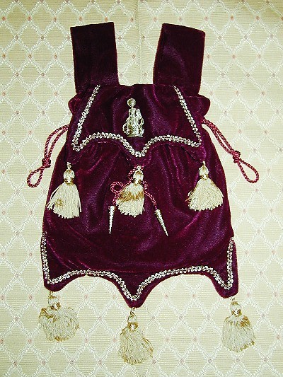 Burgundy velvet pouch with six tassels, based on an effigy at Bakewell Church, Derbyshire