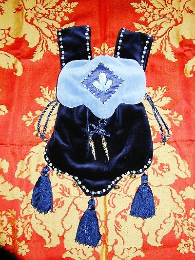 Dark blue and pale blue velvet pouch with dagging and silkwork, pearls and tiny glass Venetian gold beads