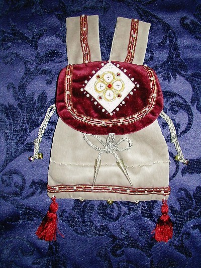 Dove grey and burgundy velvet pouch with goldwork quaterfoil and 5 red jewels Dove grey and burgundy velvet pouch with goldwork quaterfoil and 5 red jewels