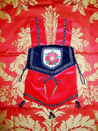 Red and blue velvet pouch embroidered with the Red Rose of Lancaster emblem Red and blue velvet pouch embroidered with the Red Rose of Lancaster emblem