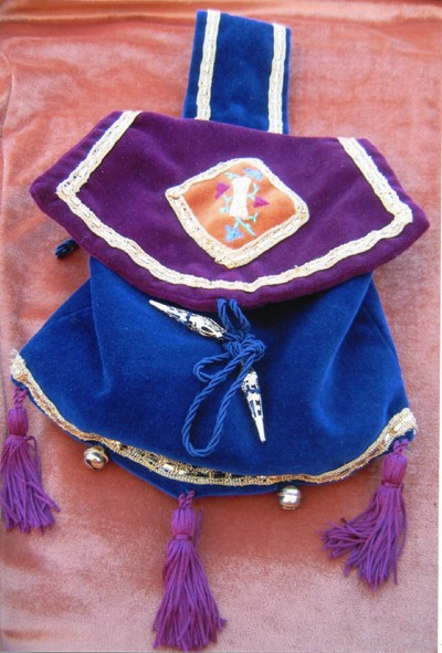 Burgundy and blue velvet pouch with goldwork initial and silkwork foliage