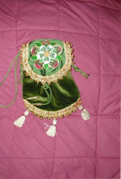 Moss green velvet pouch and silk, embroidered with a Tudor Rose in silkwork and goldwork