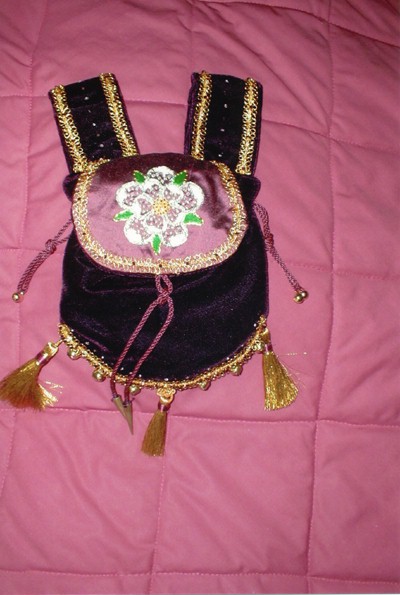 Burgundy velvet and silk pouch, embroidered with the White Rose of York in silkwork and goldwork