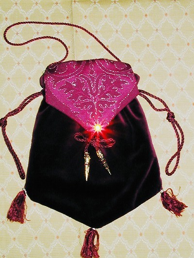 Burgundy velvet and brocade pouch, highlighted with gold tweed