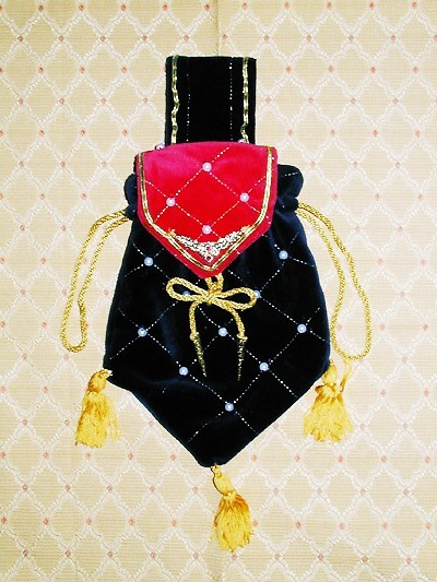 Red and blue velvet pouch with gold criss-cross and pearls Red and blue velvet pouch with gold criss-cross and pearls