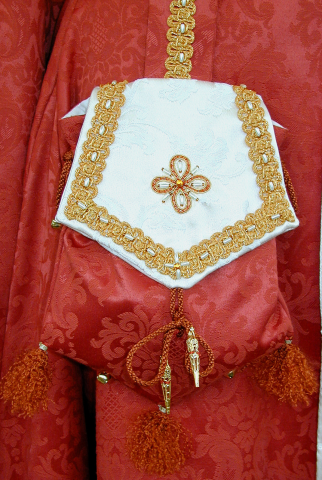 Rust Brocade Pouch with Hand Embroidered Bronze Goldwork , Pearls and Amber Jewel Rust Brocade Pouch with Hand Embroidered Bronze Goldwork , Pearls and Amber Jewel