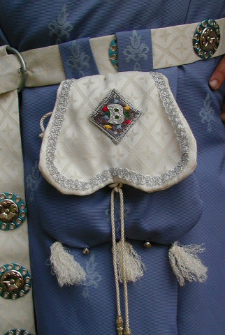 Pale Blue and White Brocade Pouch with Embroidered Initial. Favoured during the Mid to Late C14th/Early C15th Pale Blue and White Brocade Pouch with Embroidered Initial. Favoured during the Mid to Late C14th/Early C15th