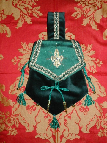 Dark Green Velvet Pouch with Green Silk Flap Embroidered with Goldwork Fleur-de-Lys Dark Green Velvet Pouch with Green Silk Flap Embroidered with Goldwork Fleur-de-Lys