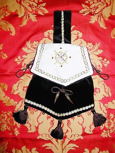 Brown velvet pouch with goldwork and pearls with amber jewels reproduced from embroidery from a French gown Brown velvet pouch with goldwork and pearls with amber jewels reproduced from embroidery from a French gown