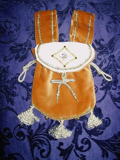 Tan velvet pouch with goldwork, pearls and jewels reproduced from a Mantle Tasseau Tan velvet pouch with goldwork, pearls and jewels reproduced from a Mantle Tasseau