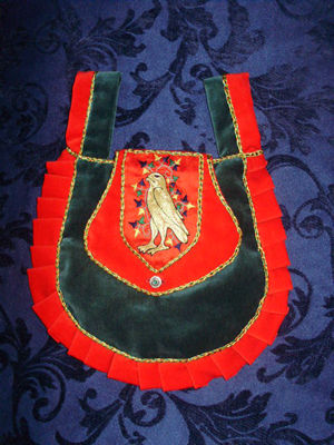 Red and Green Velvet Pouch with Silkwork Trellis and Goldwork Peregrine Falcon