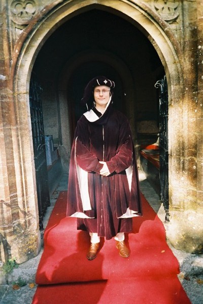 Dave Trowt in burgundy velvet gardcorp, lined in white silk with matching chaperon Dave Trowt in burgundy velvet gardcorp, lined in white silk with matching chaperon