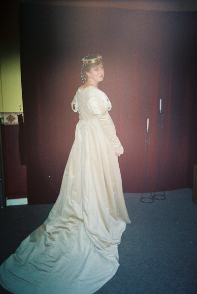 Back view of champagne velvet overdress with train Back view of champagne velvet overdress with train