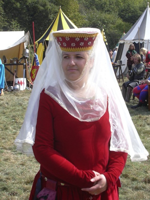 Red Silk Torque encrusted with Jewels and Pearls forming Daisies, inspired by Mille Fleur Tapestries