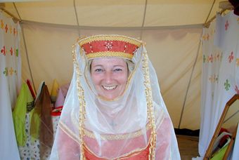 Rust Brocade Torque with Jewels and Pearls and Veils