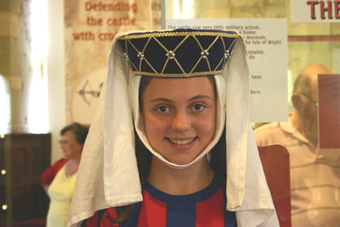 Blue Velvet Torque with Linen Veil, made for Carisbrooke Castle Museum for their schools display in the Museum
