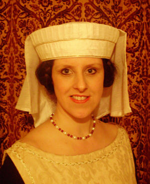 White Silk Torque with pleats and Gilt Goldwork, based on the carving of Marguerite of France known as 'The Pearl of France'