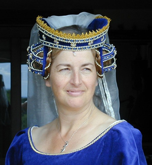 Regal Blue Velvet Tressour Crispinette with Gold Braid, Blue Jewels and Pearls