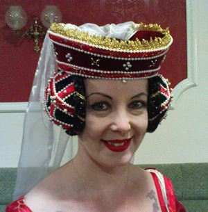 Red Velvet and Red Brocade Tressour Crispinette, with Black and Red Jewels, Turquoise and Gold Beads with Jet and white Pearls