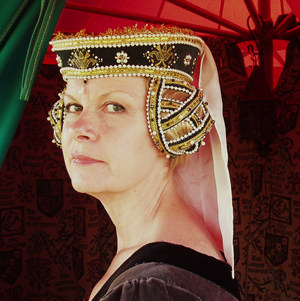 Dark Grey Velvet and Gold and Black Brocade Tressour Crispinette adorned with Gold Gilt Plate Braid, Gold Beads and Pearls, Black Jewels and Jet with a fine White Silk Veil
