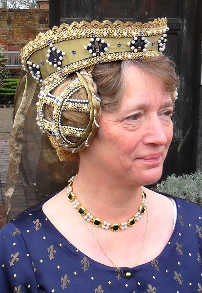 Gold Silk Tressour Crispinettes with Synthetic Pearls and blue and Amber Jewels with a Silk and Gold thread veil