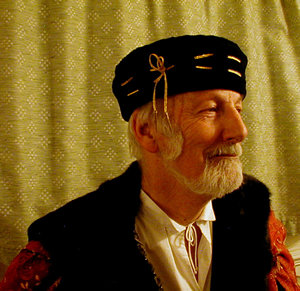 Black Velvet French Bonet with the Brim laced about the crown twice with Gold Cord and Aglets Black Velvet French Bonet with the Brim laced about the crown twice with Gold Cord and Aglets