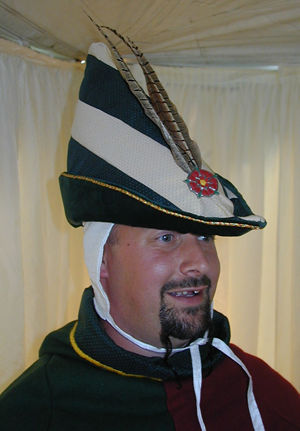 Cream and Green Brocade Italian Style Bycocket with Pheasant Feathers Cream and Green Brocade Italian Style Bycocket with Pheasant Feathers