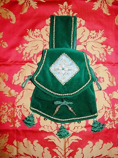 Jade green velvet pouch with goldwork and pearls reproduced from a Mantle Tasseau