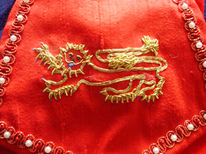 Detail of Red Velvet Pouch with Goldwork Leopard of England